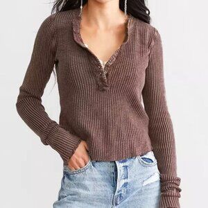 Free People Waffle Knit Henley Top Long Sleeve Button Front Ruffle Trim Medium M